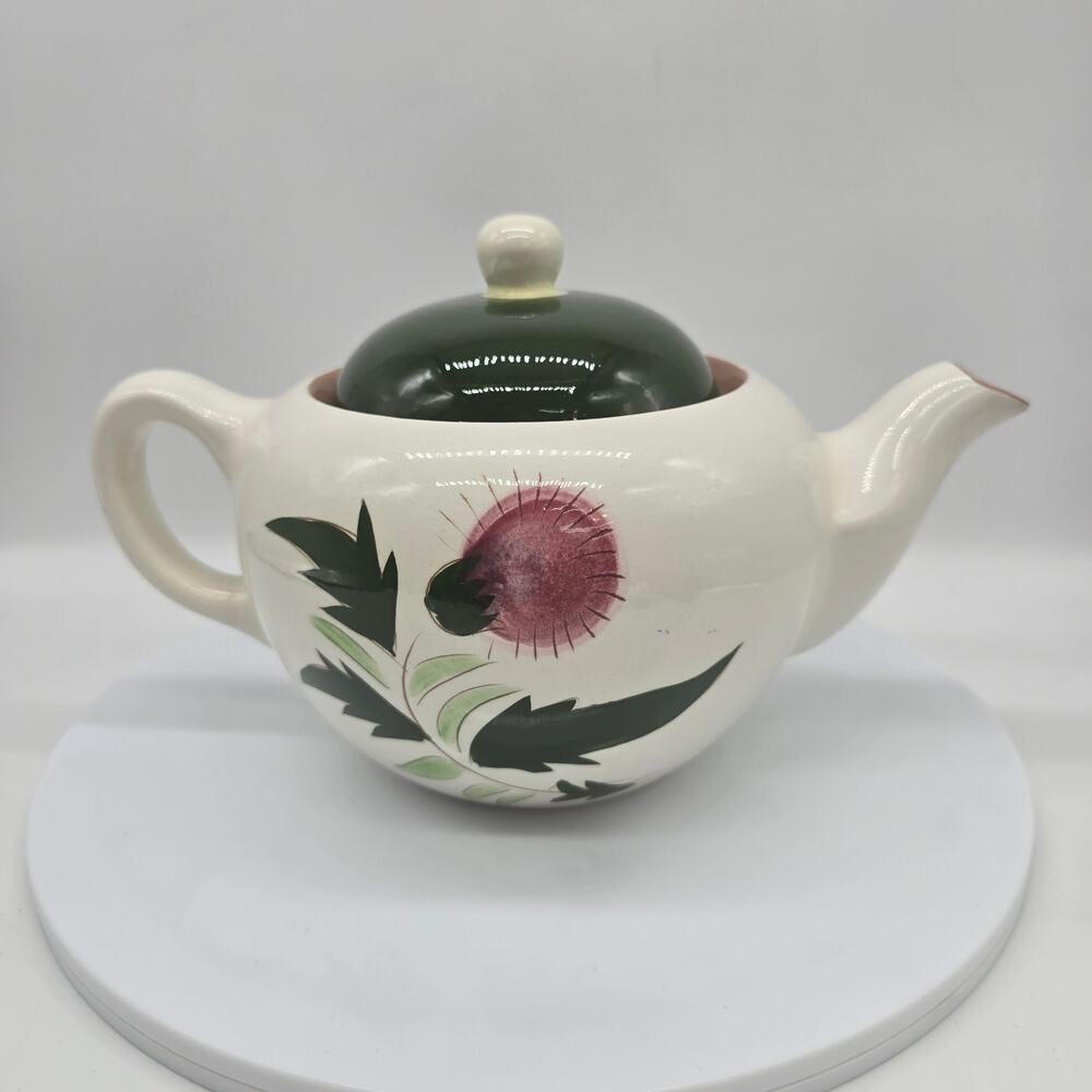 Vintage Stangl Pottery Thistle Dura-Fired 6 Cup Teapot White Green Pink 1950's